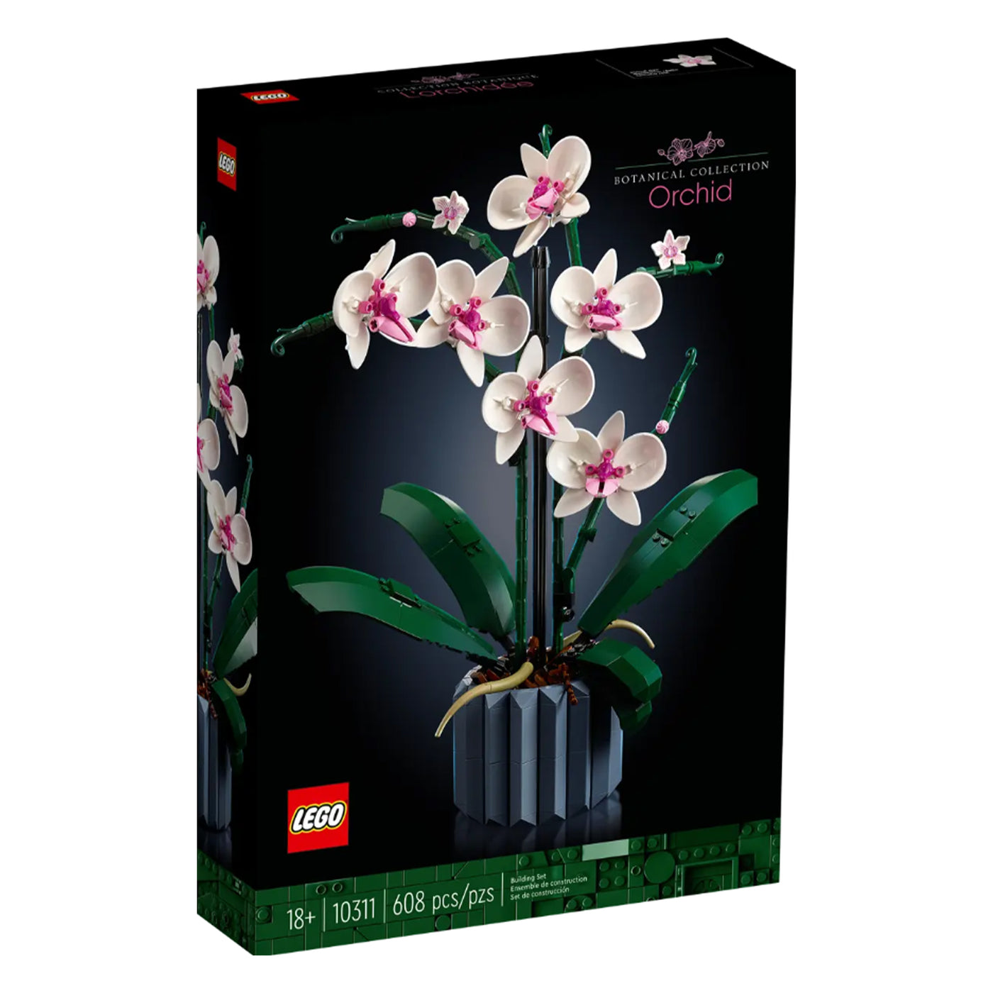 Orchidea visione con prospettiva laterale della scatola del set lego