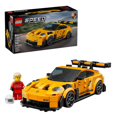 Super car Porsche 911 GT3 RS visione con prospettiva laterale del set lego costruito con scatola di sfondo
