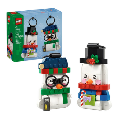 Pupazzi di neve ornamentali visione frontale del set lego costruito con scatola di sfondo