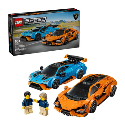 Lamborghini Revuelto e Huracán STO visione con prospettiva laterale del set lego completo con scatola