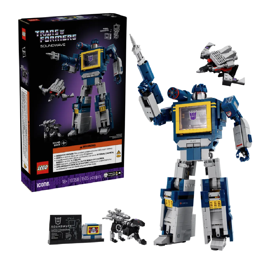 Transformers: Soundwave visione con prospettiva laterale del set lego costruito con scatola di sfondo
