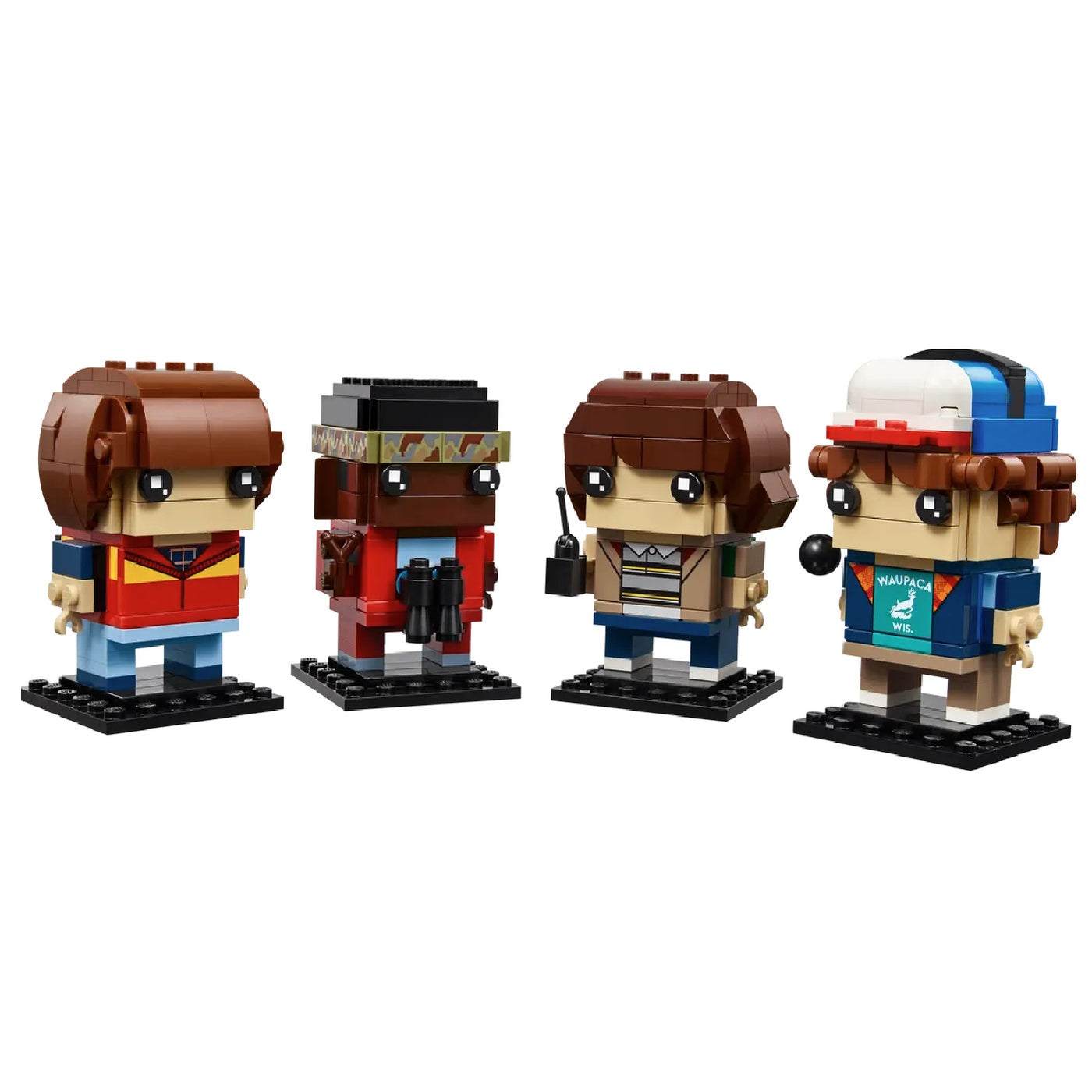 Personaggi di Mike, Dustin, Lucas e Will visione con prospettiva laterale del set lego costruito