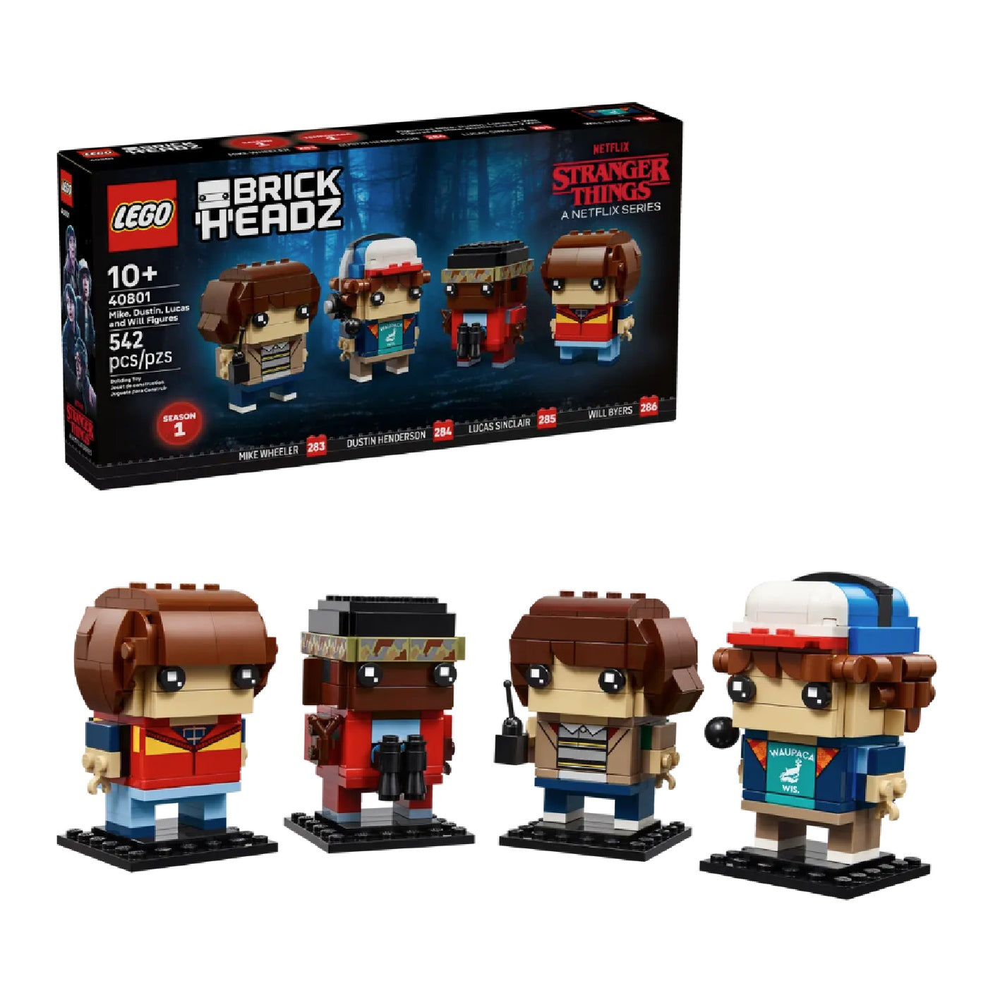 Personaggi di Mike, Dustin, Lucas e Will visione del set lego costruito con prospettiva laterale e scatola di sfondo
