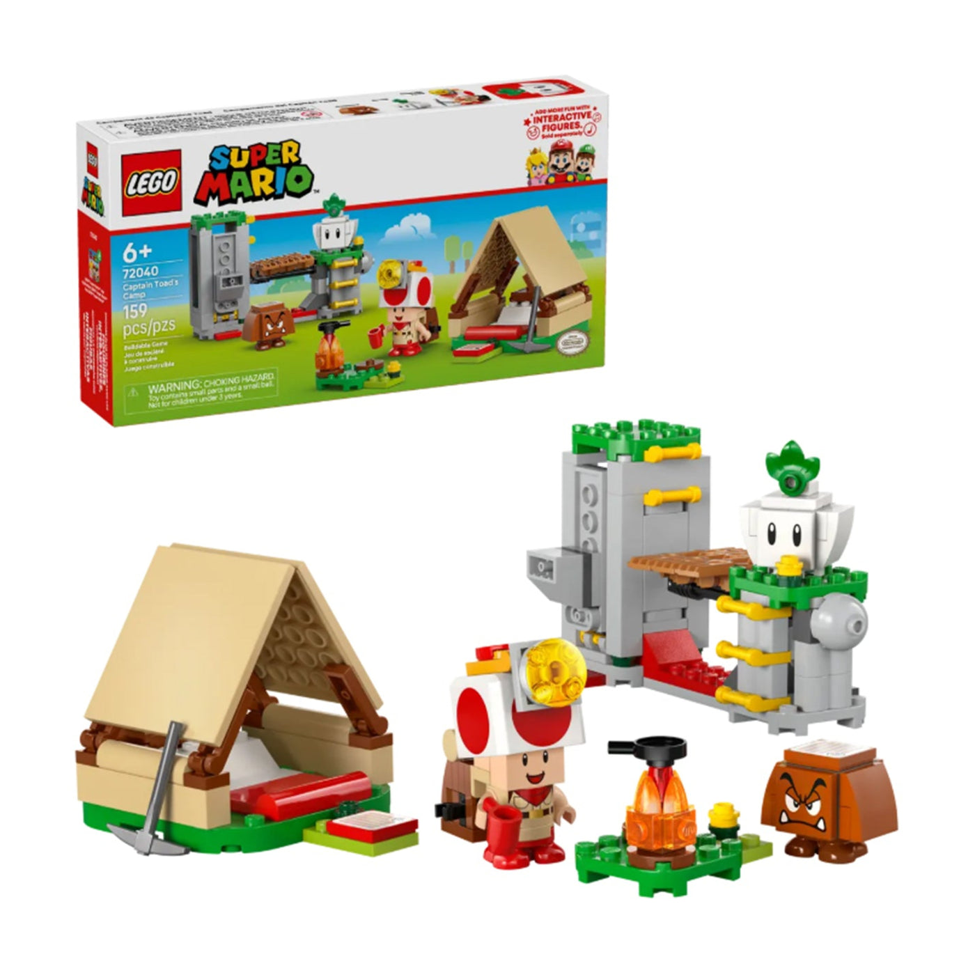 In campeggio con Capitan Toad visione con prospettiva laterale del set lego costruito con scatola di sfondo
