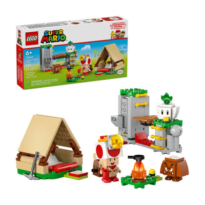 In campeggio con Capitan Toad visione con prospettiva laterale del set lego costruito con scatola di sfondo
