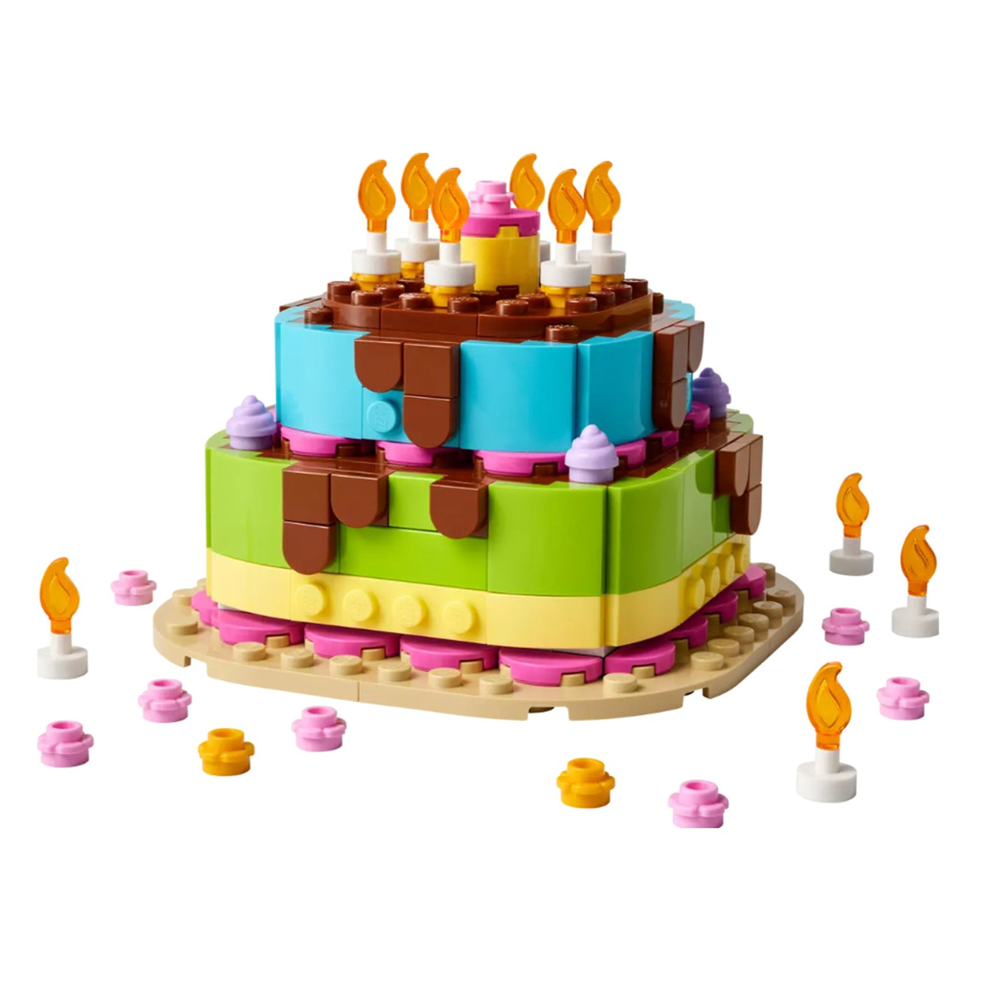 Torta della festa di compleanno visione con prospettiva laterale del set lego costruito